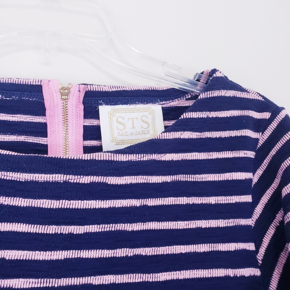 Sail to Sable Navy Blue Pink Stripe Ruffle Sleeve French Terry Blouse Medium - Picture 6 of 12